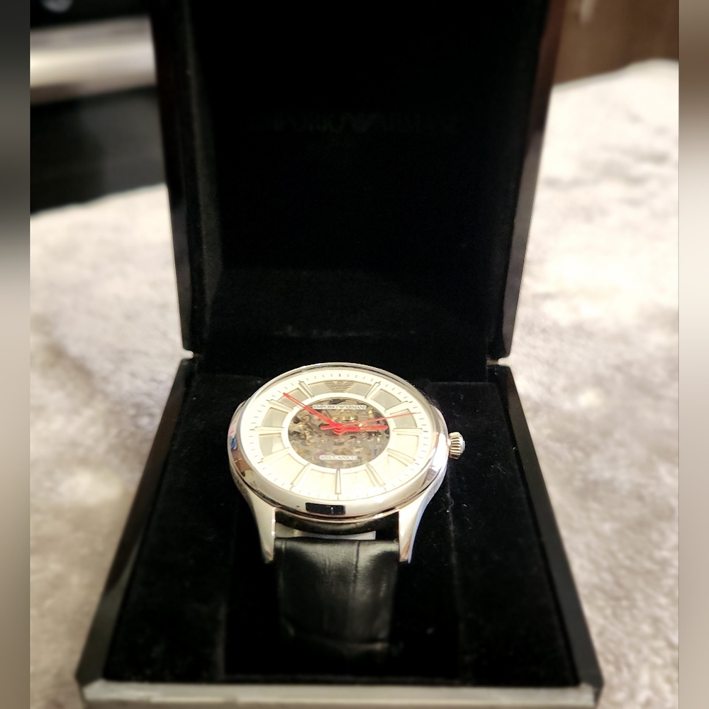 Emporio Armani Black and Silver Watch with Leather Strap